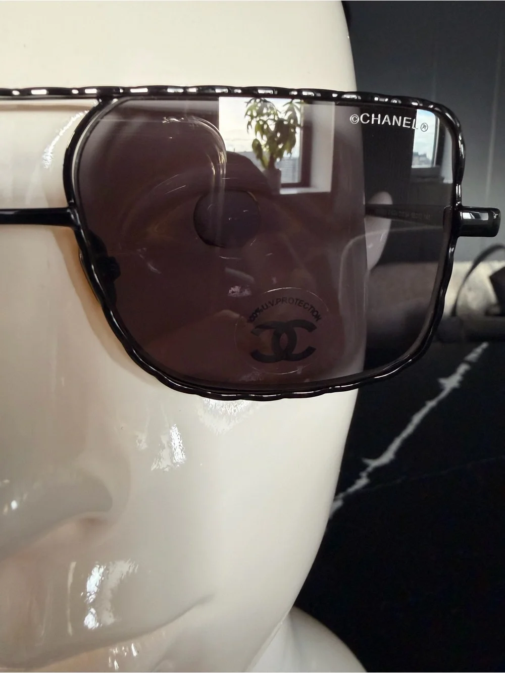 CHANEL Black and Silver Square Aviator Sunglasses